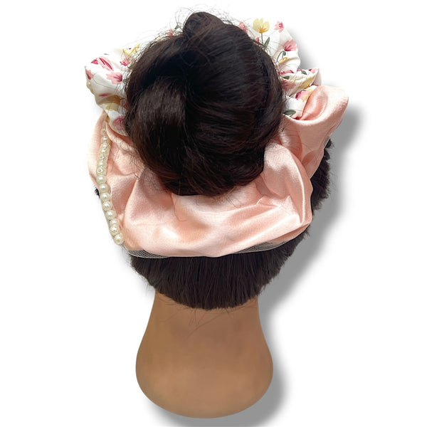 HAIRSTORY #6033 Scrunchies Floral W/Pearl Lining