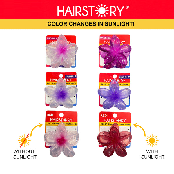 HAIRSTORY Sun UV Color Changing Double Sided Plumeria Flower Hair Clip Clamp with Paint Splash Center