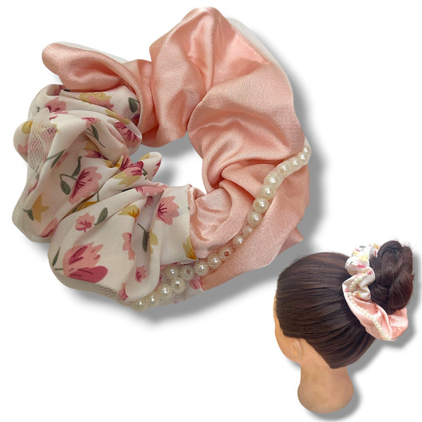 HAIRSTORY #6033 Scrunchies Floral W/Pearl Lining