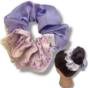 HAIRSTORY #6033 Scrunchies Floral W/Pearl Lining