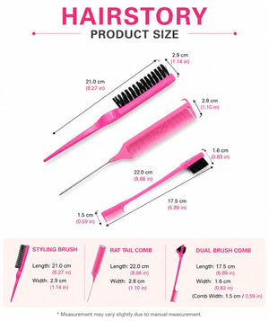 HAIRSTORY Hair Styling Comb Set with Teasing Brush and Rat Tail Comb