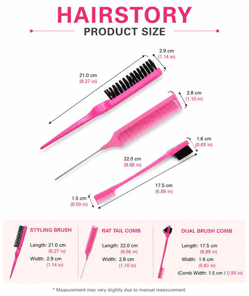 HAIRSTORY Hair Styling Comb Set with Teasing Brush and Rat Tail Comb
