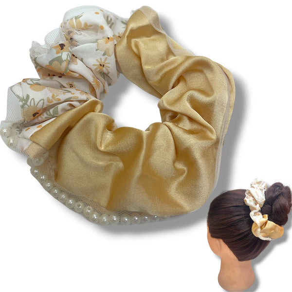 HAIRSTORY #6033 Scrunchies Floral W/Pearl Lining