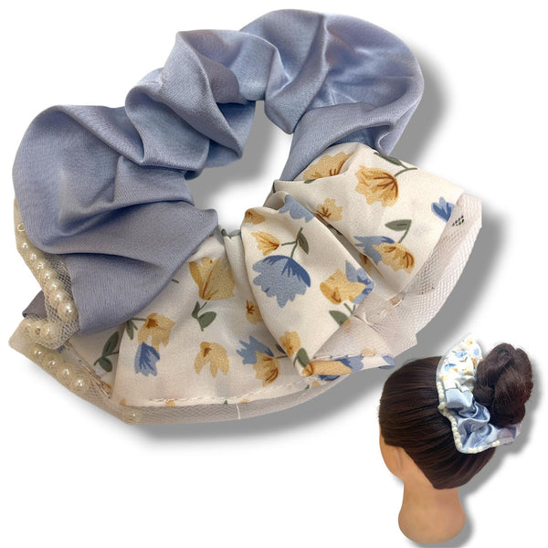 HAIRSTORY #6033 Scrunchies Floral W/Pearl Lining