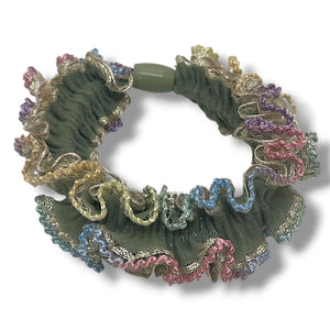 HAIRSTORY 2416 Rainbow Trim Ruffle Scrunchie