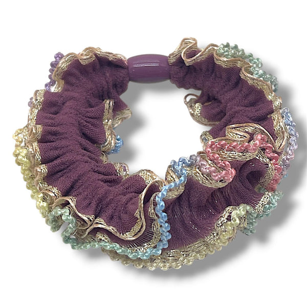HAIRSTORY 2416 Rainbow Trim Ruffle Scrunchie