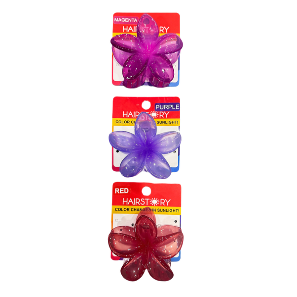 HAIRSTORY Sun UV Color Changing Double Sided Plumeria Flower Hair Clip Clamp with Paint Splash Center